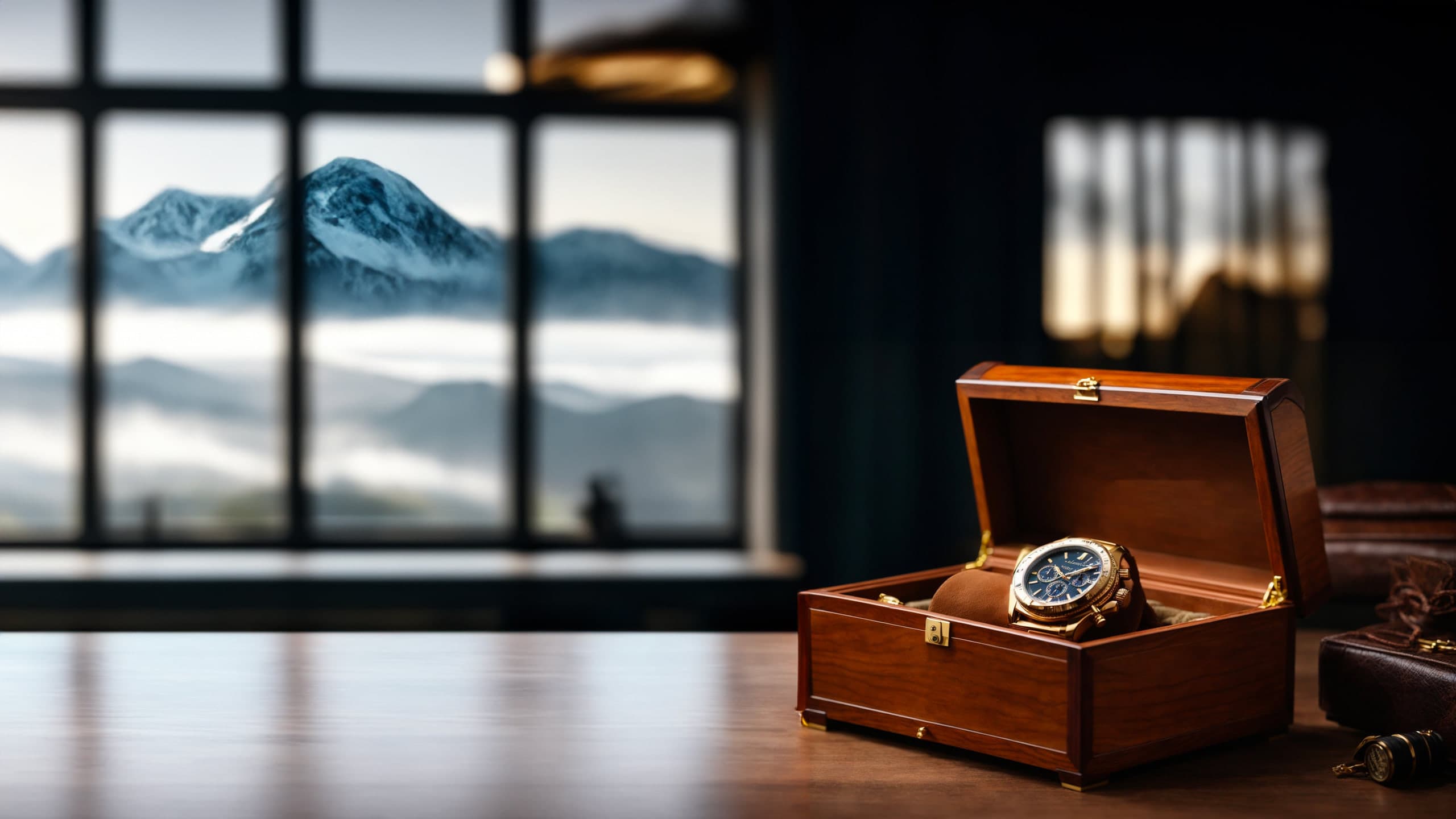 Coffret à montres en bois ouvert sur une montre automatique, face à une baie vitrée ouverte sur la montagne