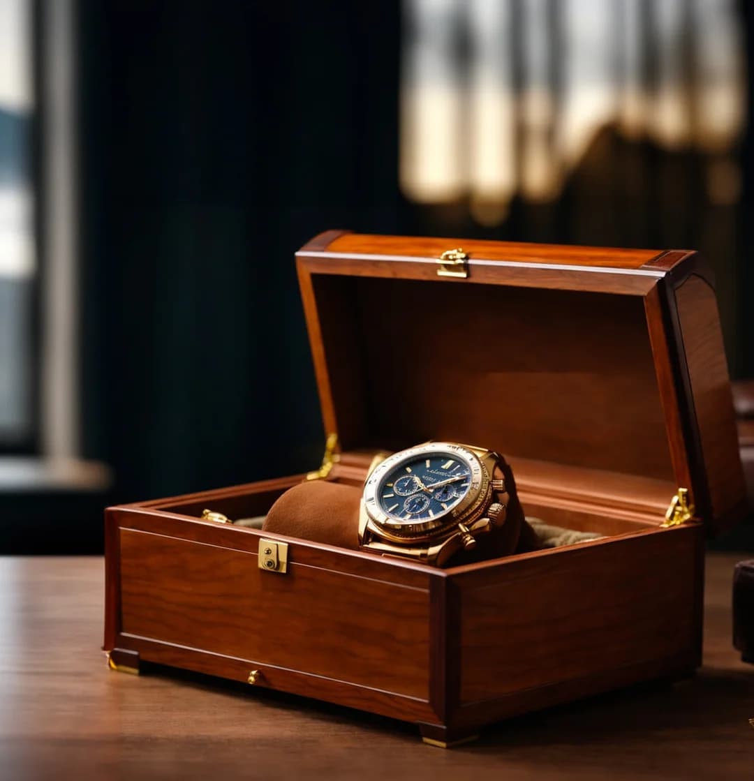 Coffret à montres en bois ouvert sur une montre automatique