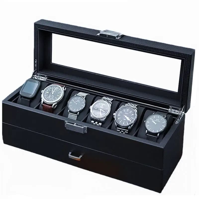 Boîte à montres noire vitrée contenant six montres, avec un tiroir en partie basse